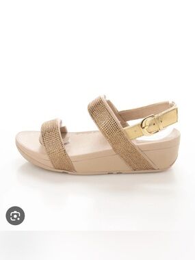 NEW Fitflop Gold Double-Strap Slide Sandals with rhinestone metallic straps